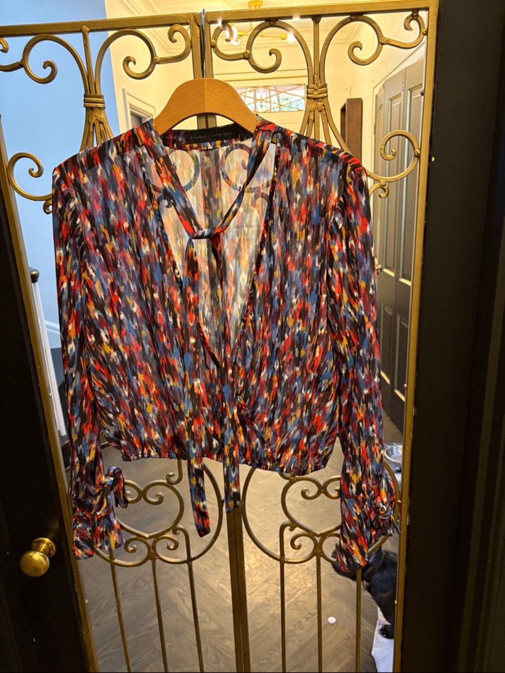 House of Harlow 1960 Multi-Color Printed Tie-Front Blouse tie sleeves extra boob